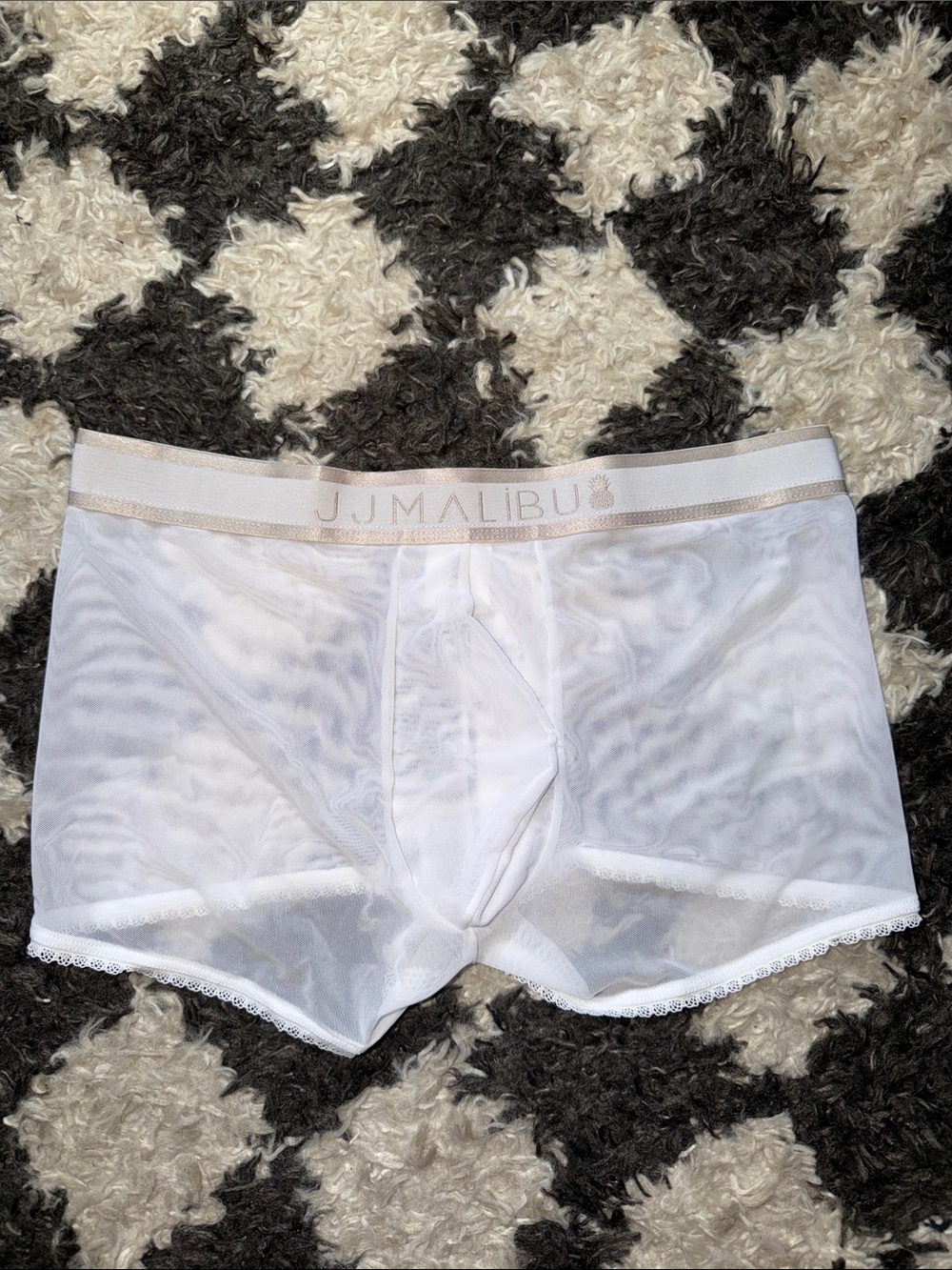 White Completely Sheer Boxer Briefs with Lace Trim- Size Small